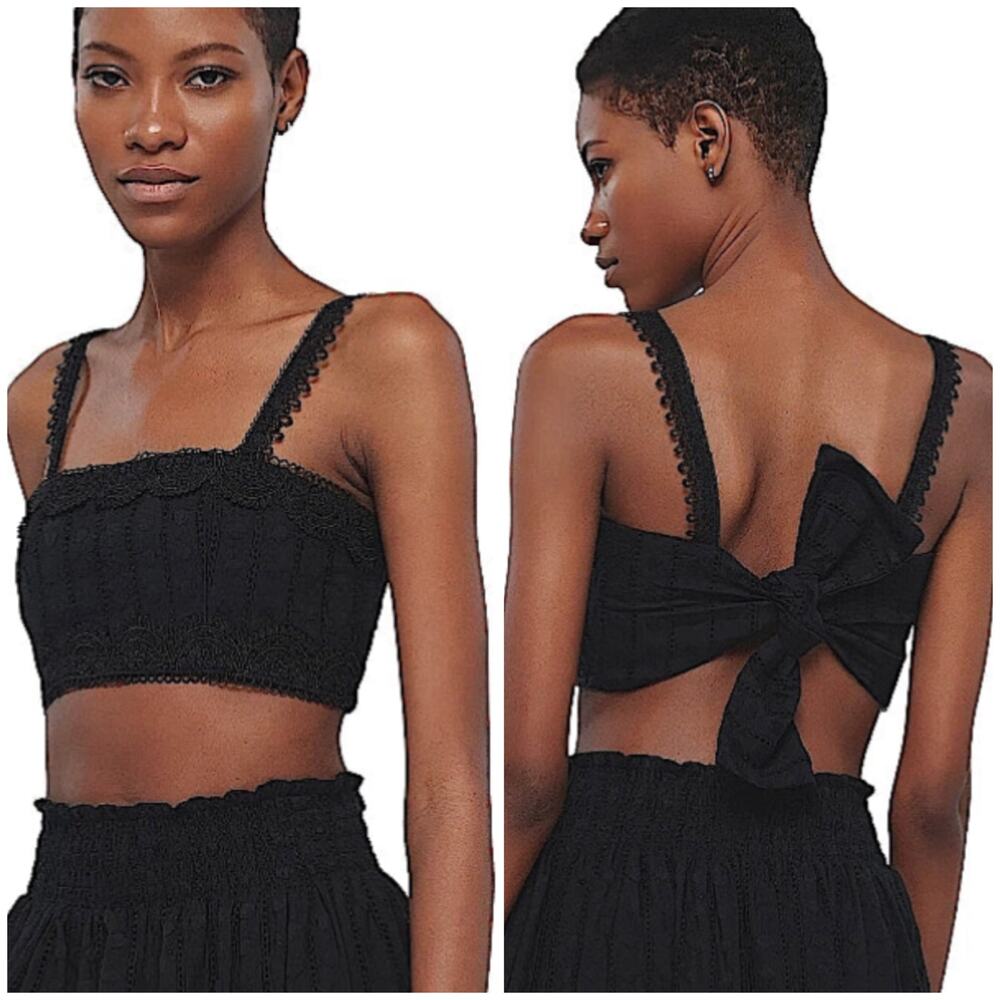 Waimari NWT Angela Top Black Crop Square Neck Braided Lace Strap Size M Tie Back